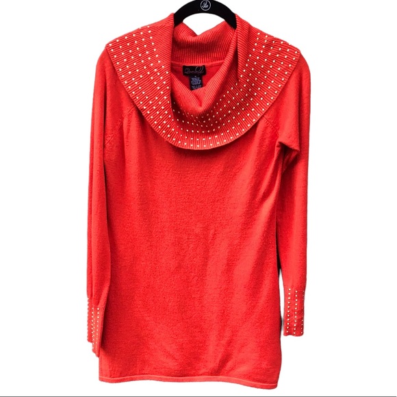 Questions Medium Sweater Studded Orange Pumpkin Gold Cowl Neck Tunic Knit - Picture 2 of 7